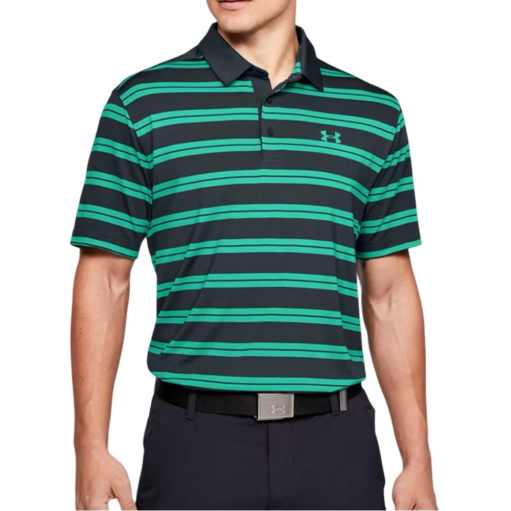Under Armour Men’s Golf Polo Shirt Green Navy Blue Stripe Size XXL